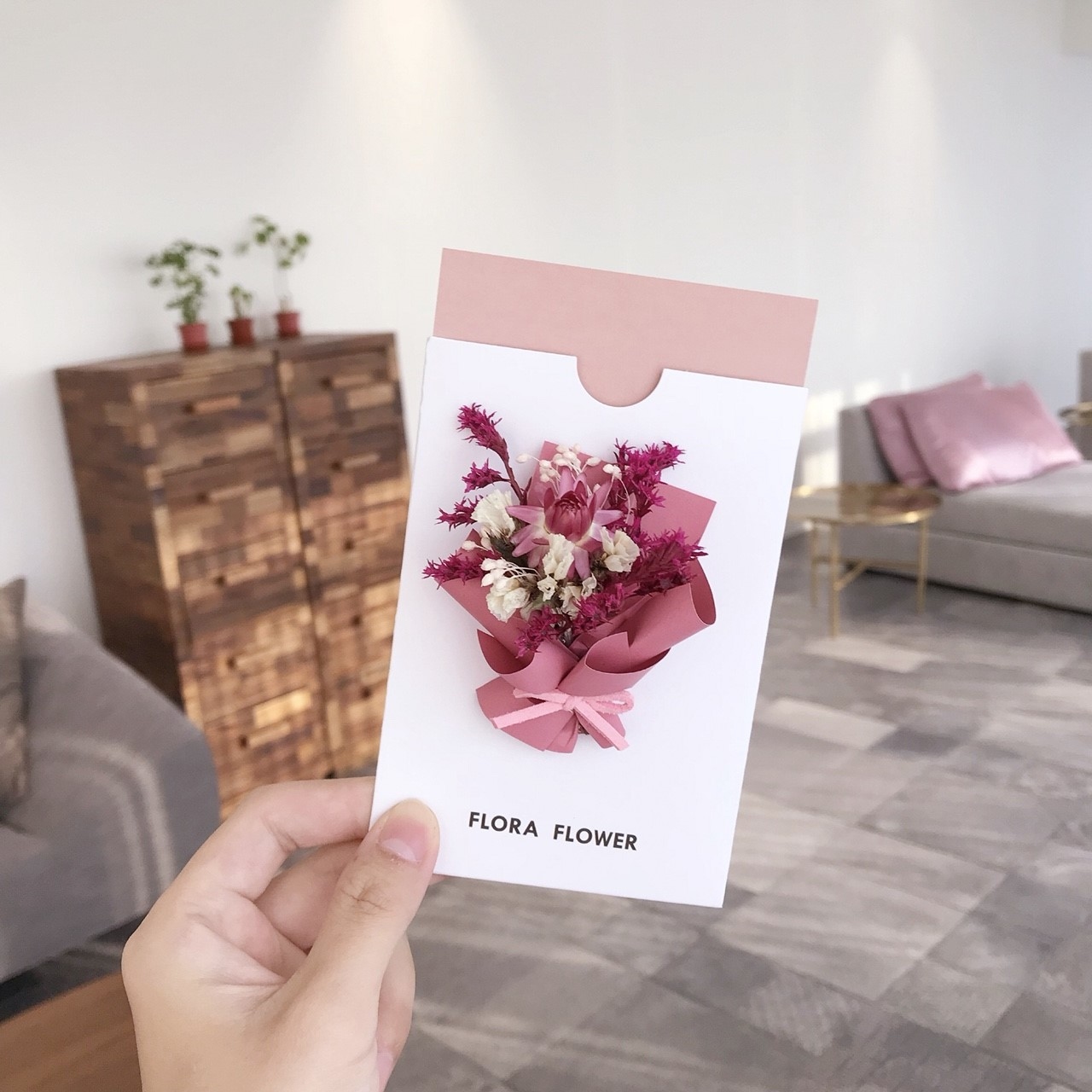 乾燥花卡片-桃紅色