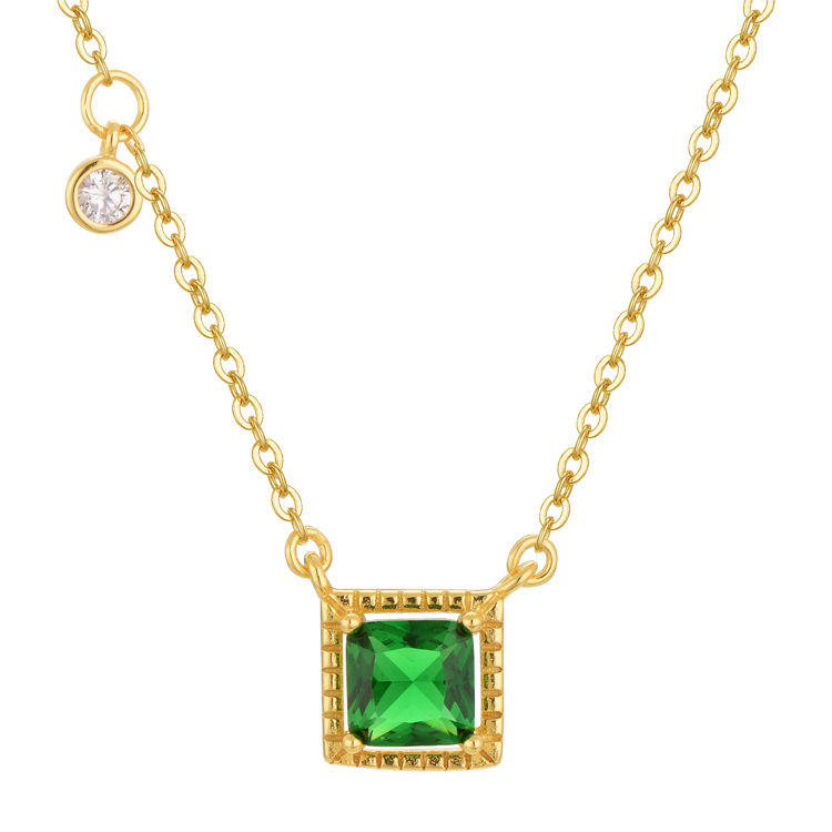 純銀項鍊，女士項鍊 方形綠鋯石項鍊；金色典雅貴氣感（5613）