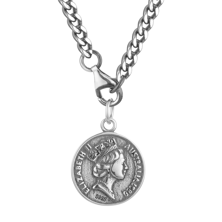 純銀項鍊，女士項鍊 圓形硬幣墜飾；伊莉莎白二世（5649）
