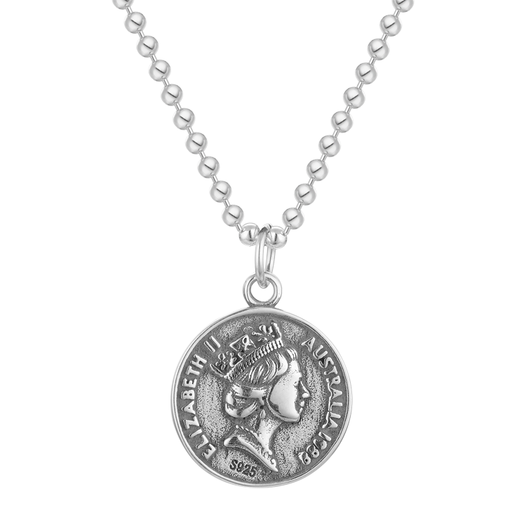 純銀項鍊，女士項鍊 圓形硬幣墜飾；伊莉莎白二世（5650）