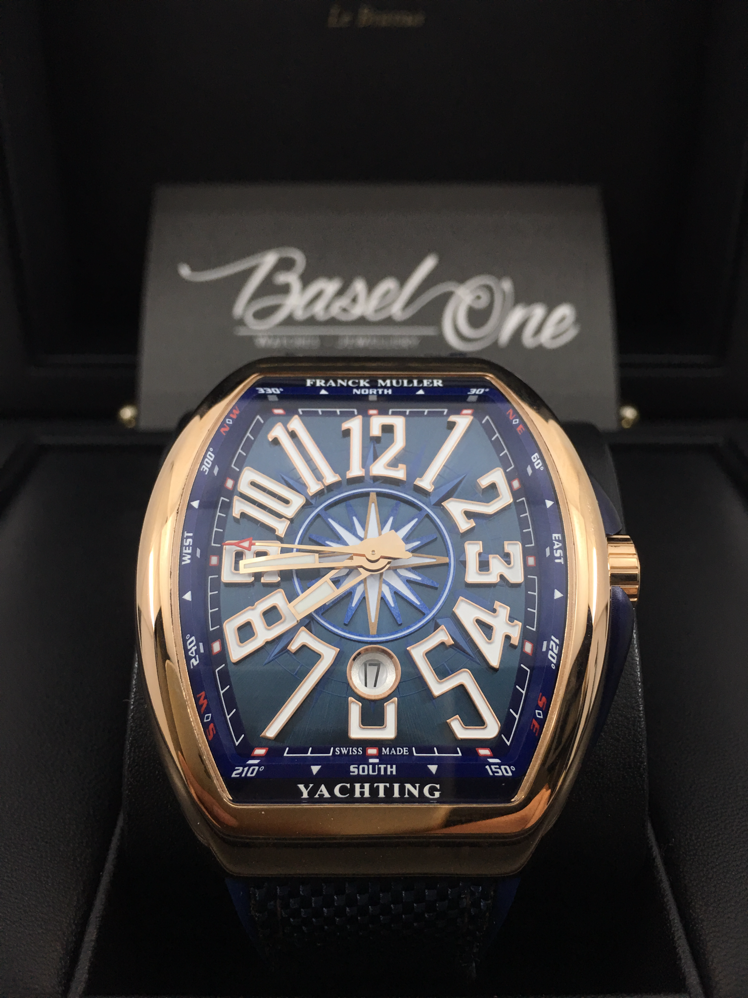 BRAND NEW FRANK MULLER V45 YACHTING BLUE ROSE GOLD CROCODILE LEATHER STRAP