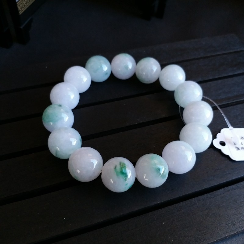 冰糯飄花手串 (14.2mm直徑), 天然翡翠A玉, 緬甸玉, Jade, Jadeite