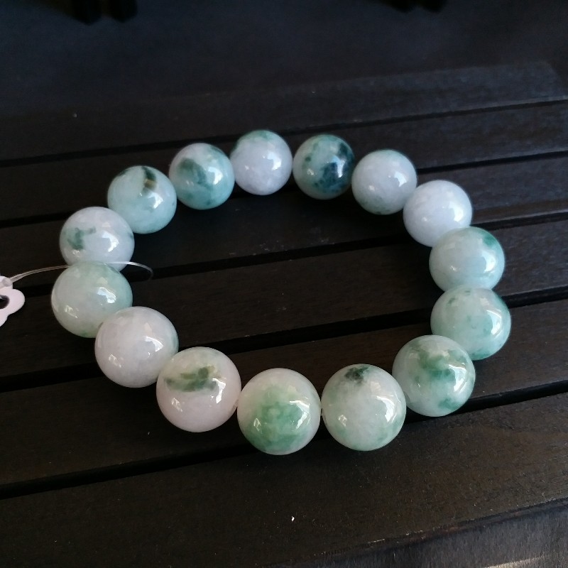 冰糯飄花手串 (14.3mm直徑), 天然翡翠A玉, 緬甸玉, Jade, Jadeite