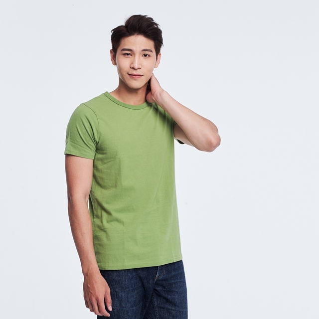 簡單素面圓領短袖蜜桃棉男T/芥末綠
