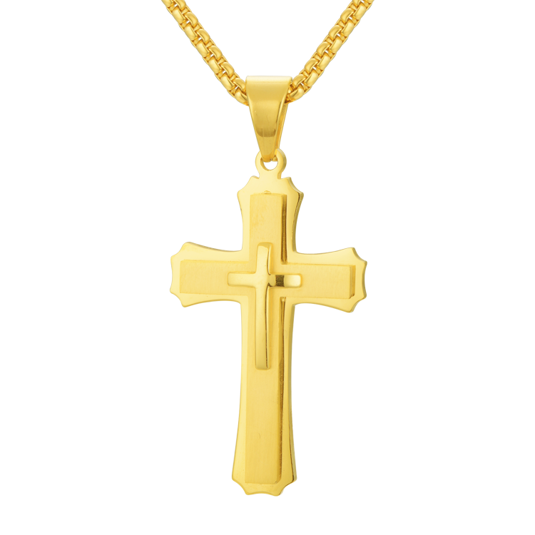 白鋼項鍊，男士項鍊 美式潮品十字架項鍊（9122金色）