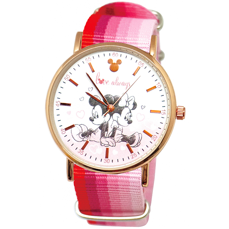 【迪士尼】90周年超薄玫瑰金織帶手錶-LOVE米奇米妮