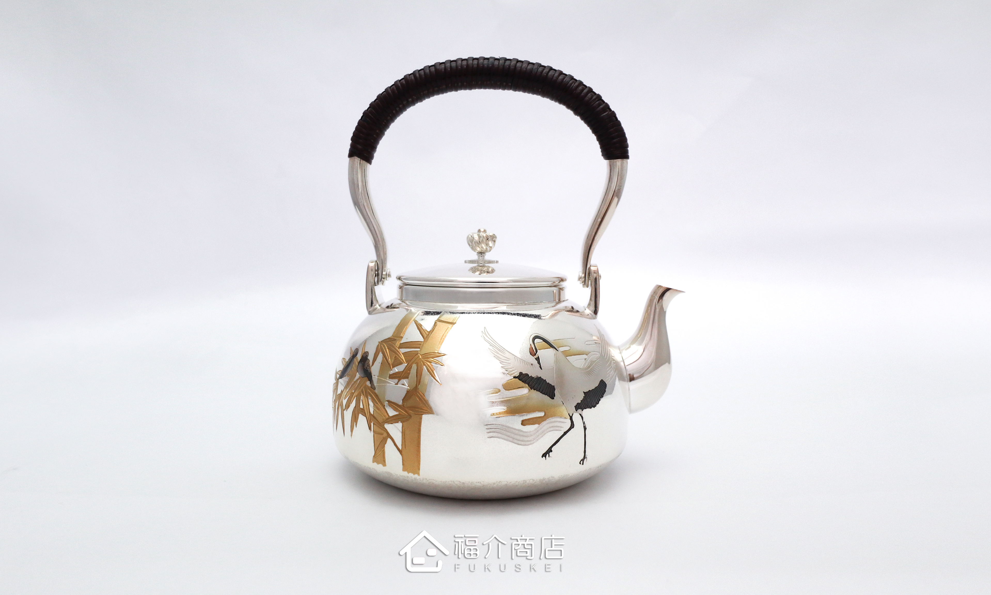 純銀製   置物   美術品 仁壽齋作菊透彫摘藤編提【四君子模樣純銀湯沸】 【 巧匠精工| 日本銀壺