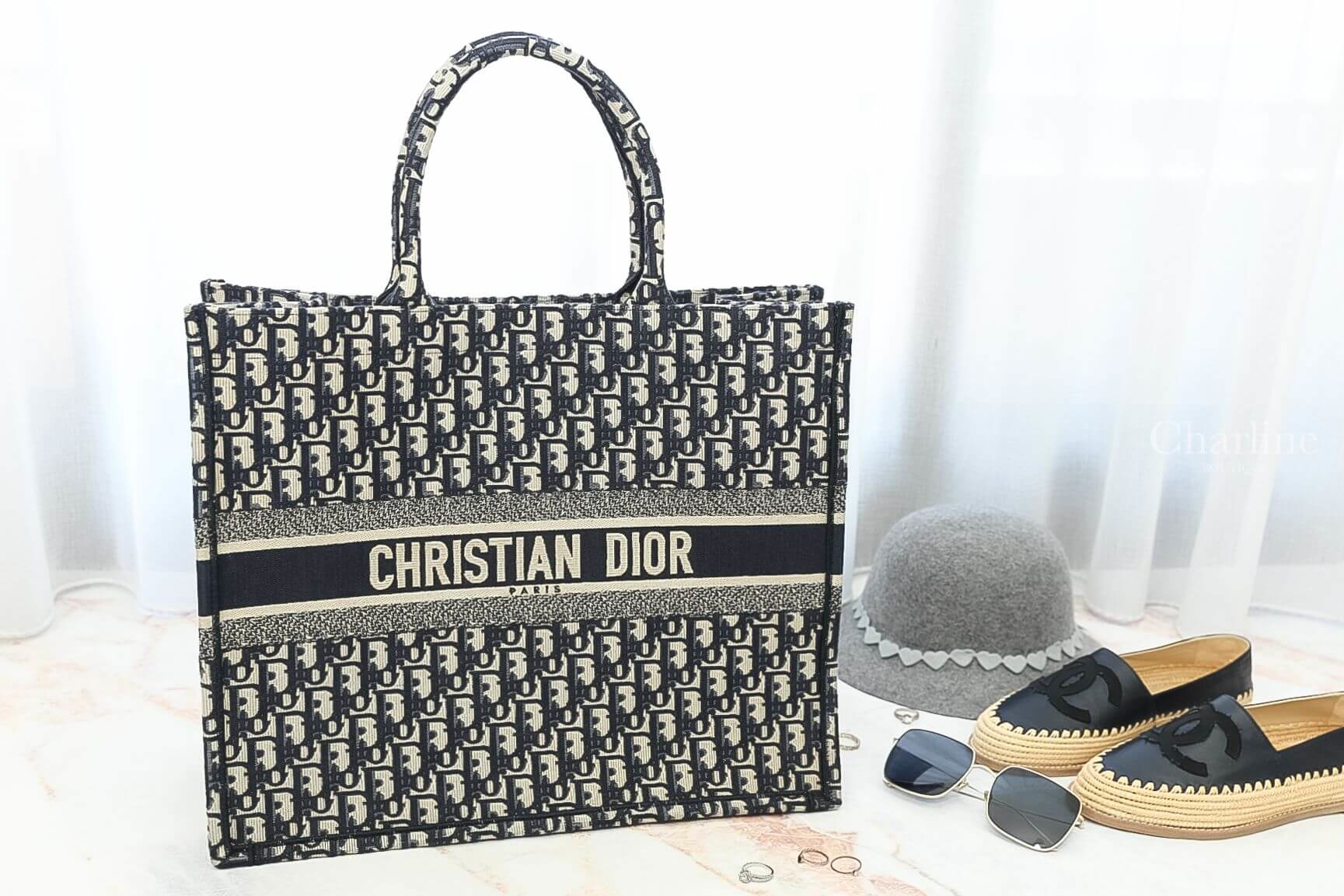 Dior Large Dior Book Tote 深藍復古老花小牛皮大型帆布提把托特包