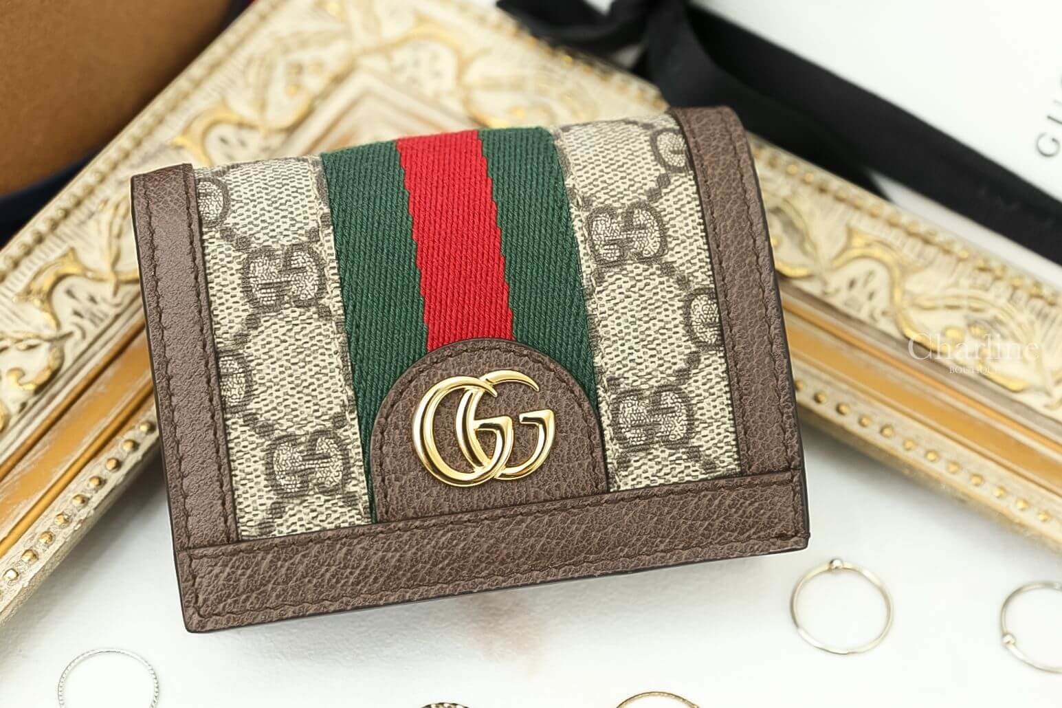 Gucci Ophidia GG Card Case 米色/烏木色GG紅綠條紋名片扣式零錢短夾