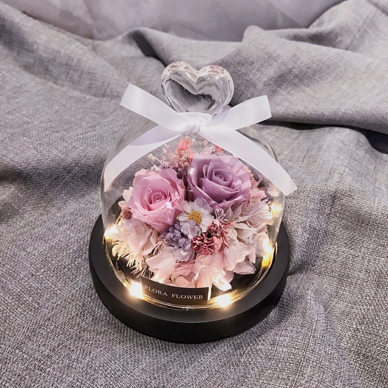 永生花愛心玻璃罩夜燈-紫粉