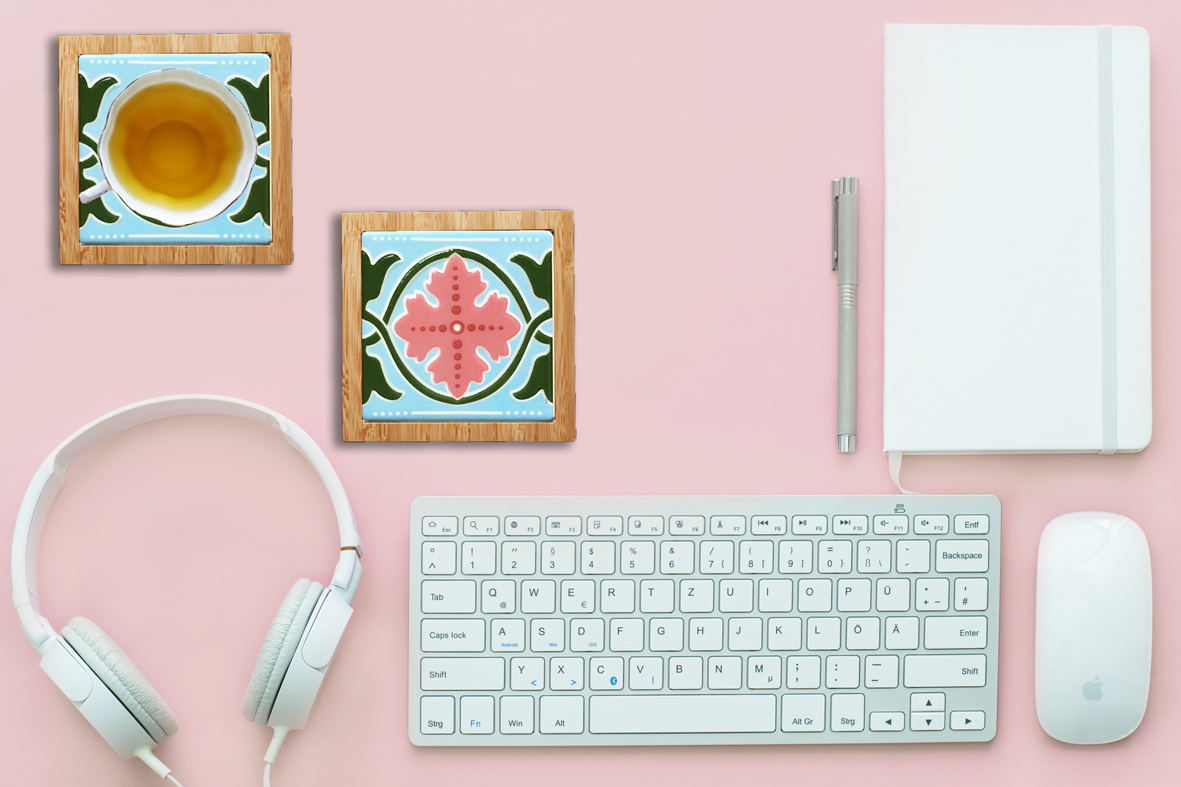 台灣花磚竹杯墊｜海棠春好