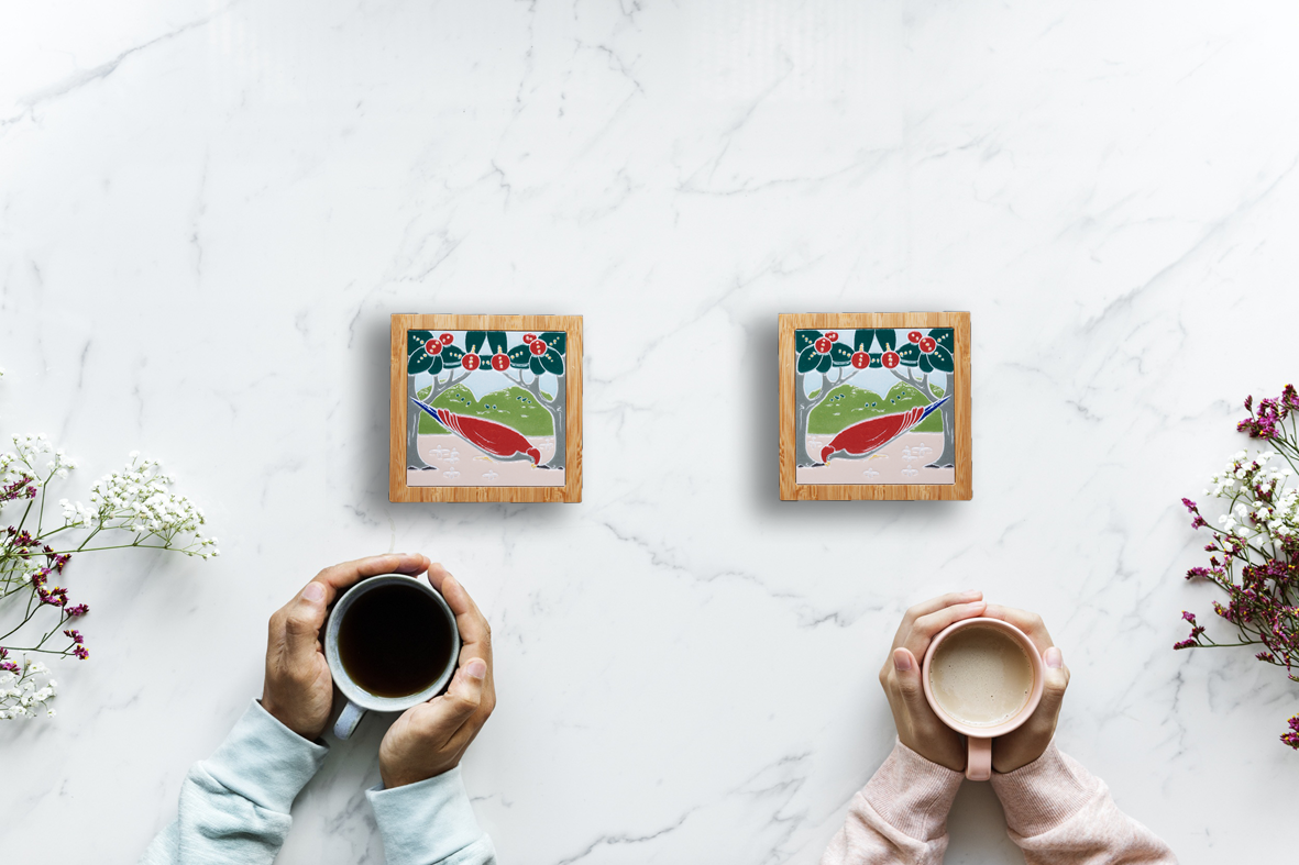 台灣花磚竹杯墊｜愛情之鴿 (一對兩片)