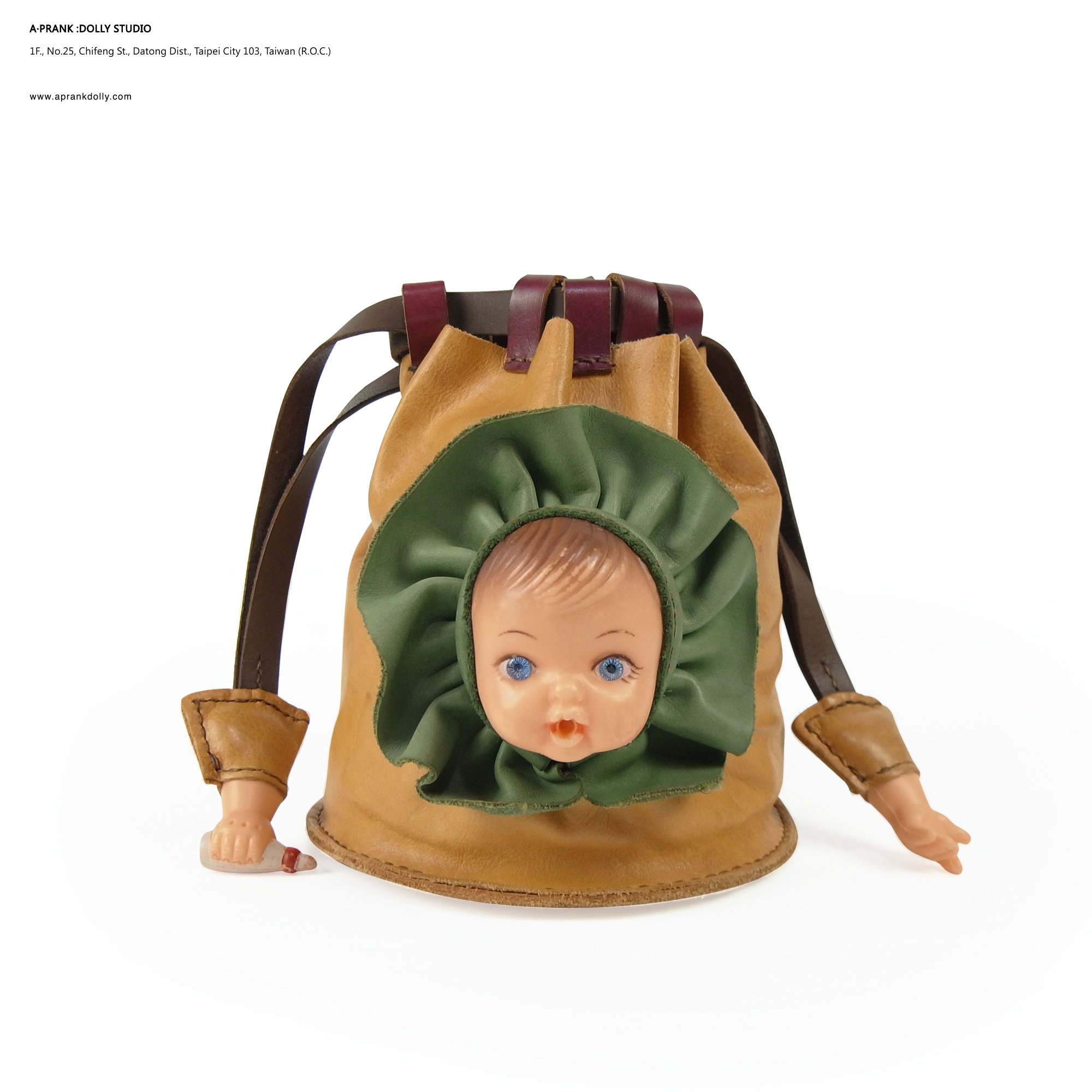 品牌TeTe茶皮古董娃娃卡其色手工皮革水桶包