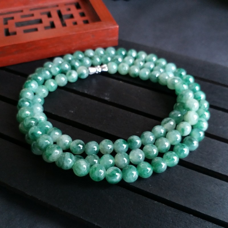 冰糯飄花珠鏈 (7mm直徑), 天然翡翠A玉, 緬甸玉, Jade, Jadeite