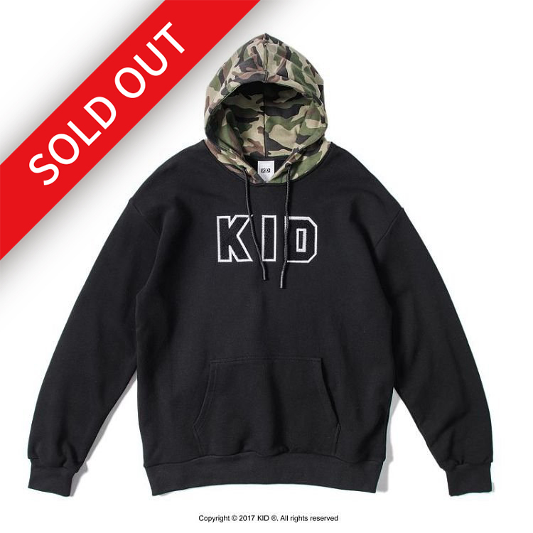 KID ® 毛巾刺繡拼接帽T 黑