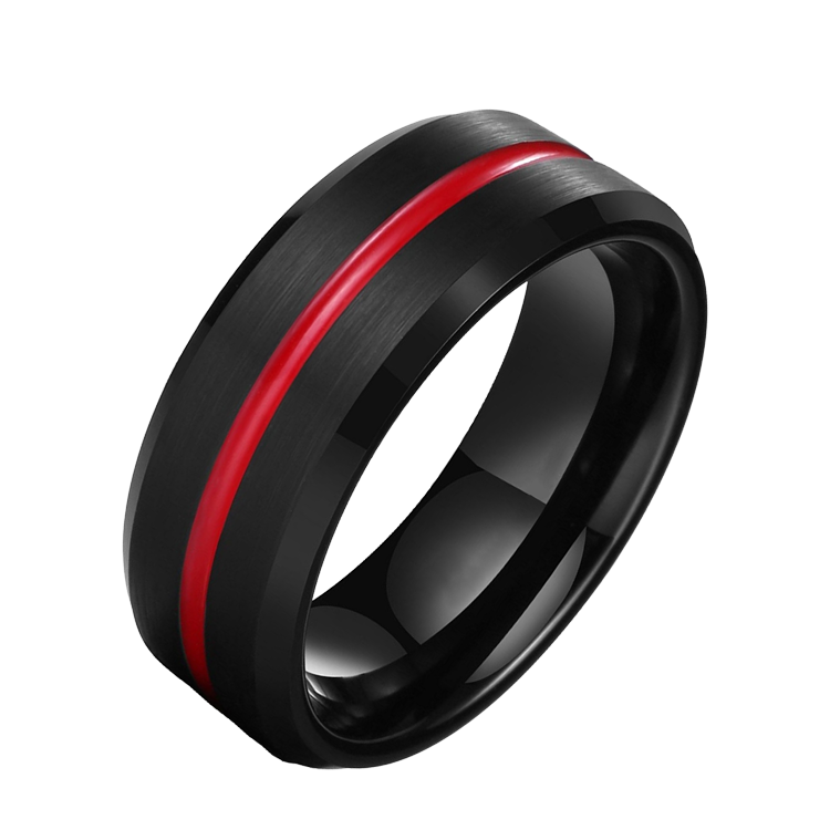白鋼戒指，男士戒指 黑與紅髮絲紋；強烈視覺造型 適合搭鍊子（9362）