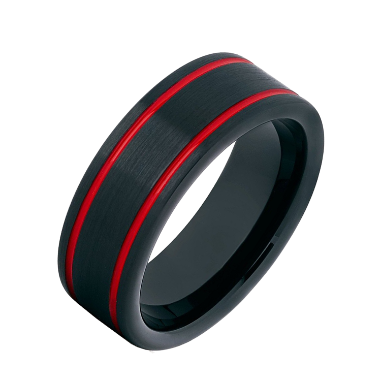 白鋼戒指，男士戒指 黑與紅髮絲紋；強烈視覺雙線條 適合搭鍊子（9287）