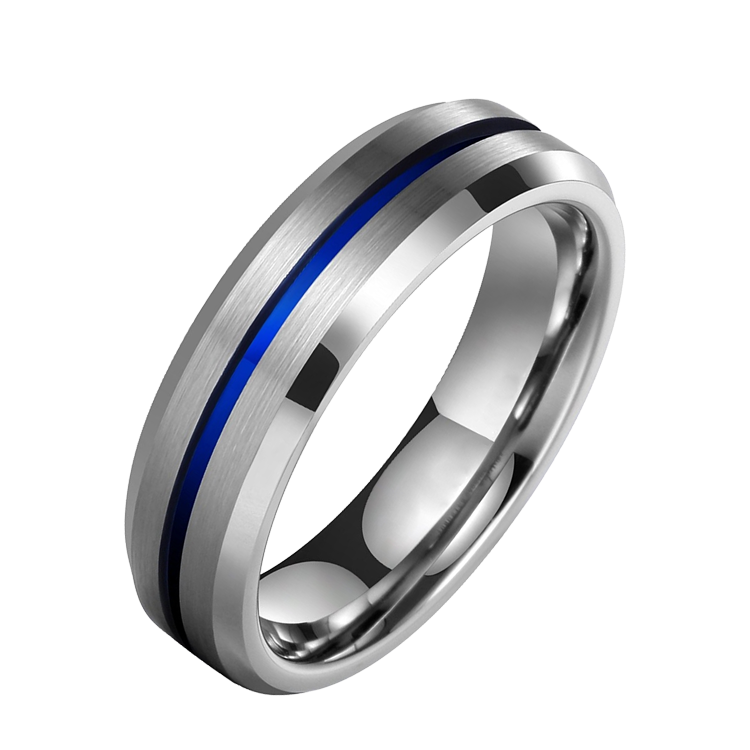 白鋼戒指，男士戒指 6mm素面髮絲紋；寶藍色線條 適合搭鍊子（9363）