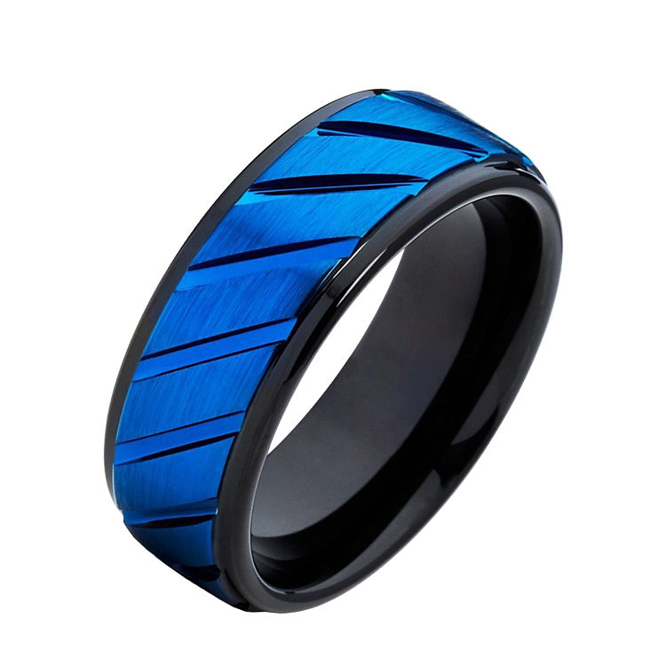 白鋼戒指，男士戒指 寶藍斜紋造型；美式硬派風格 適合搭鍊子（9382）