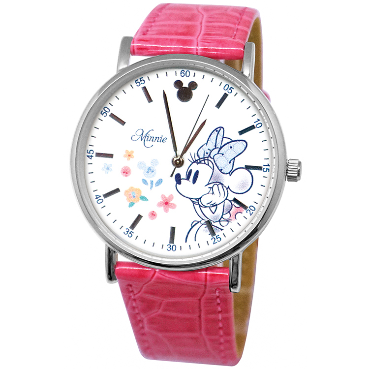 【迪士尼】90周年超薄玫瑰金皮帶手錶-俏麗米妮