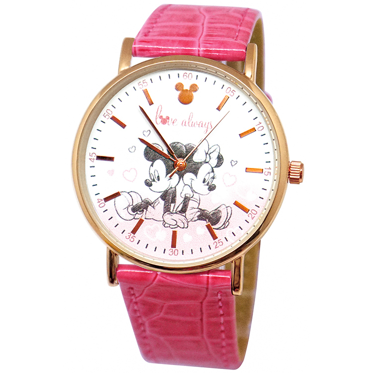 【迪士尼】90周年超薄玫瑰金皮帶手錶-Love米奇米妮