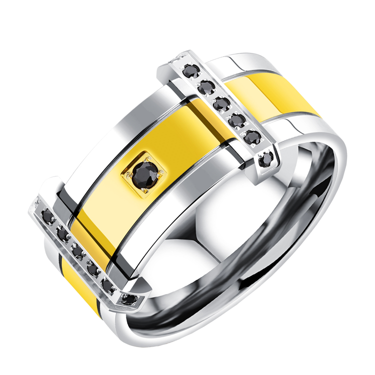 白鋼戒指，男士戒指 微鑲嵌鋯石；細緻的雙扣設計（9274金色）