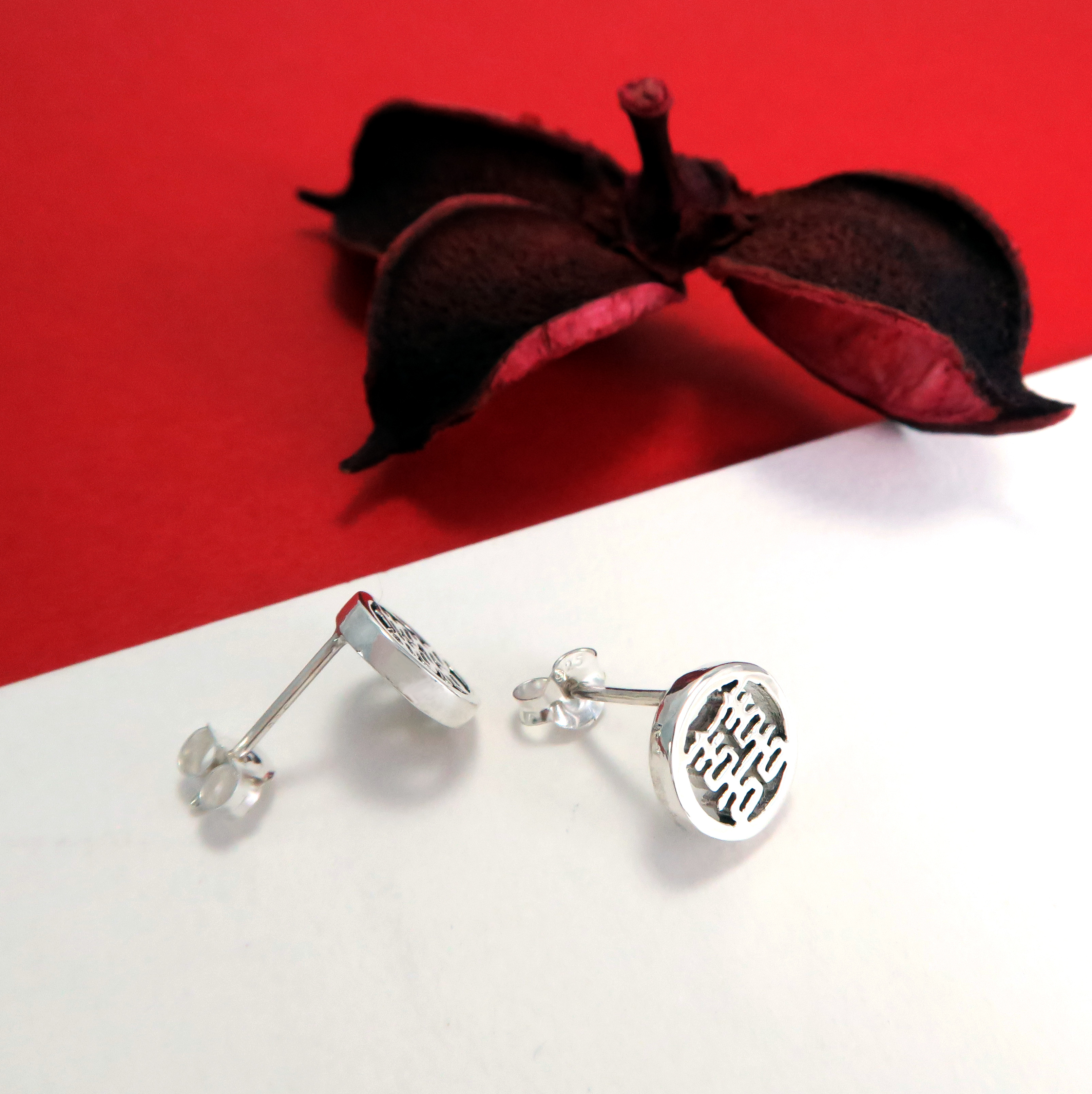 小巧圓滿囍字 純銀耳環