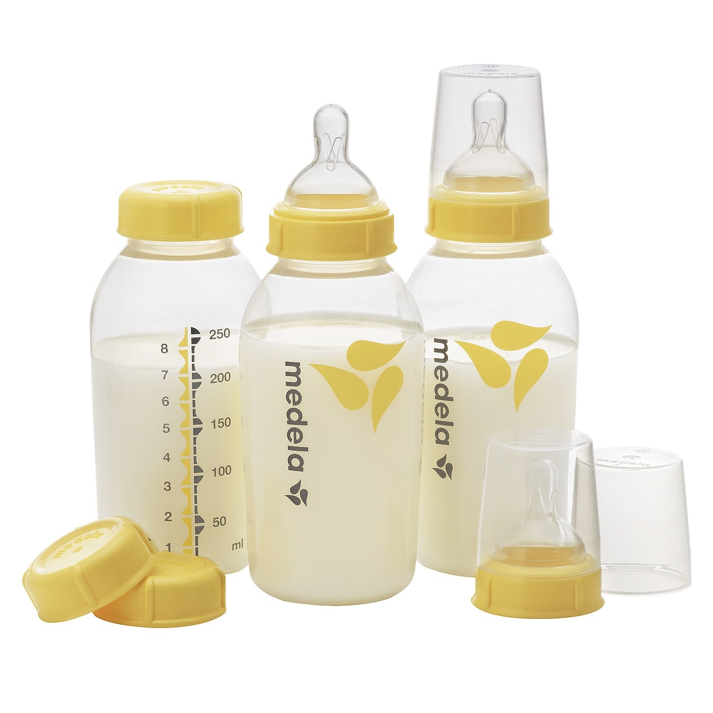 Medela Breast Milk Bottle Set, 8 Ounce, 3 Pack with Nipples, Lids