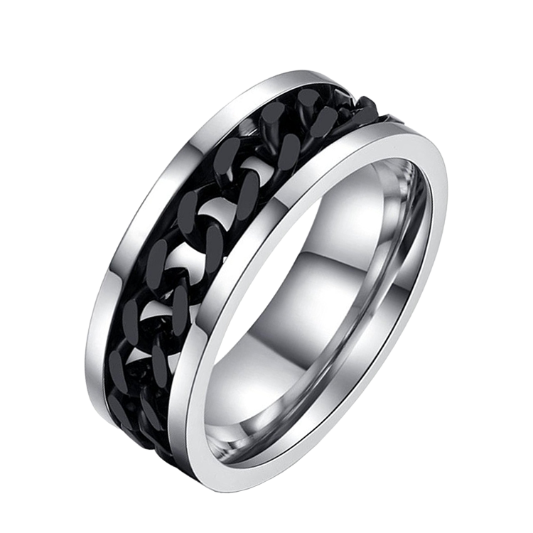 白鋼戒指，男士戒指 可旋轉設計黑色鏈條造型；適合搭鍊子（7290黑色）
