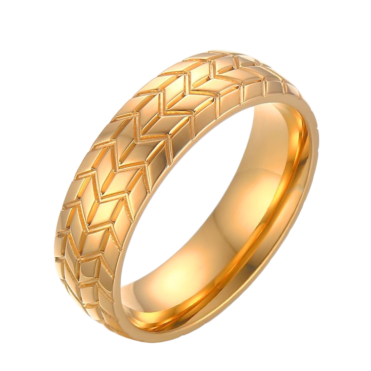 白鋼戒指，男士戒指 金色輪胎造型；適合搭鍊子（7029）