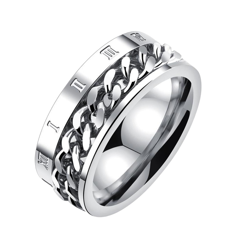 白鋼戒指，男士戒指 羅馬數字鏈條；適合搭鍊子（0404銀色）