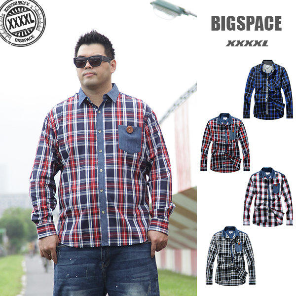 【加大空間】格紋單寧拼接長袖襯衫 XL~4XL 大尺碼 極致簡約  加大 BIGSPACE【521316】