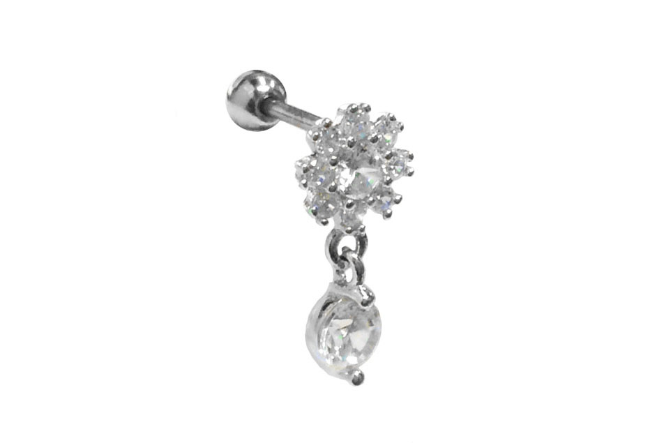 純銀花鑽垂墜單鑽鎖珠式耳環
