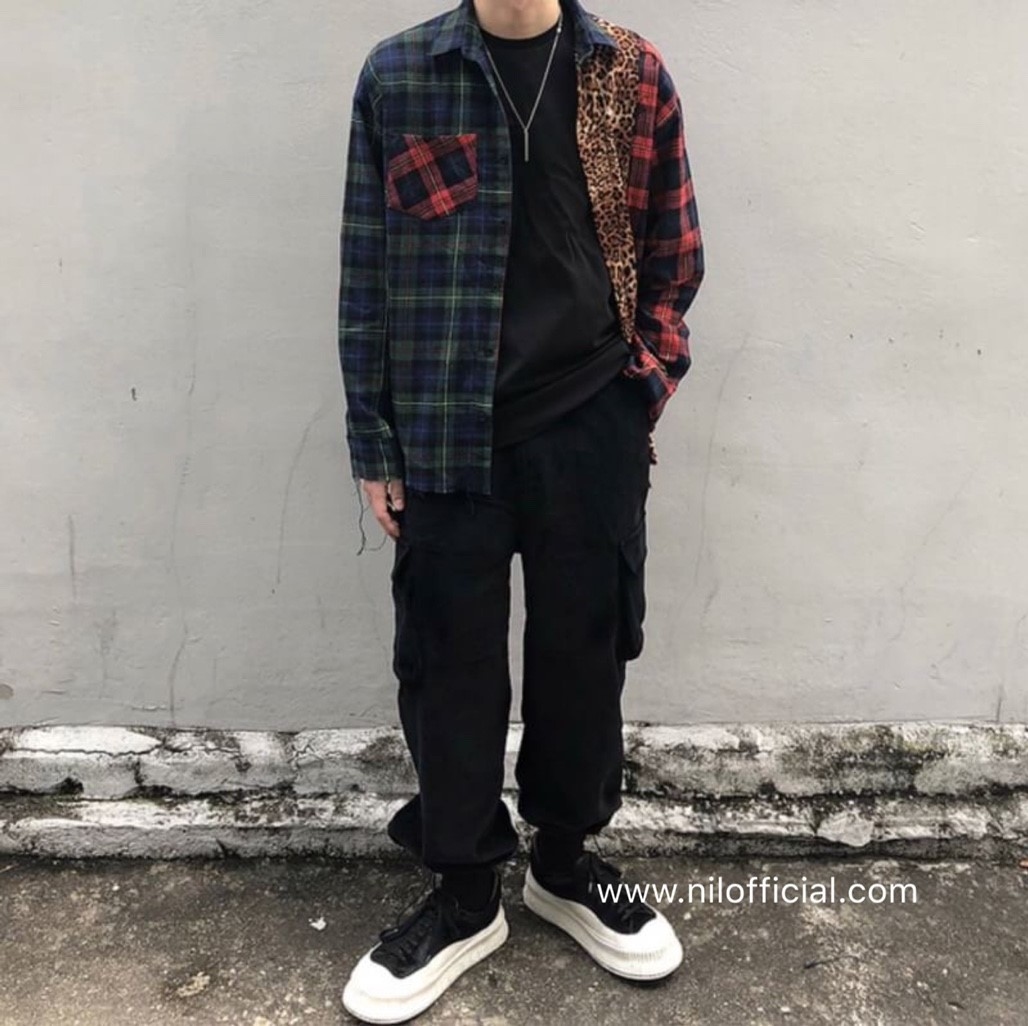 韓國 格紋 豹紋 拼接 不收邊襯衫