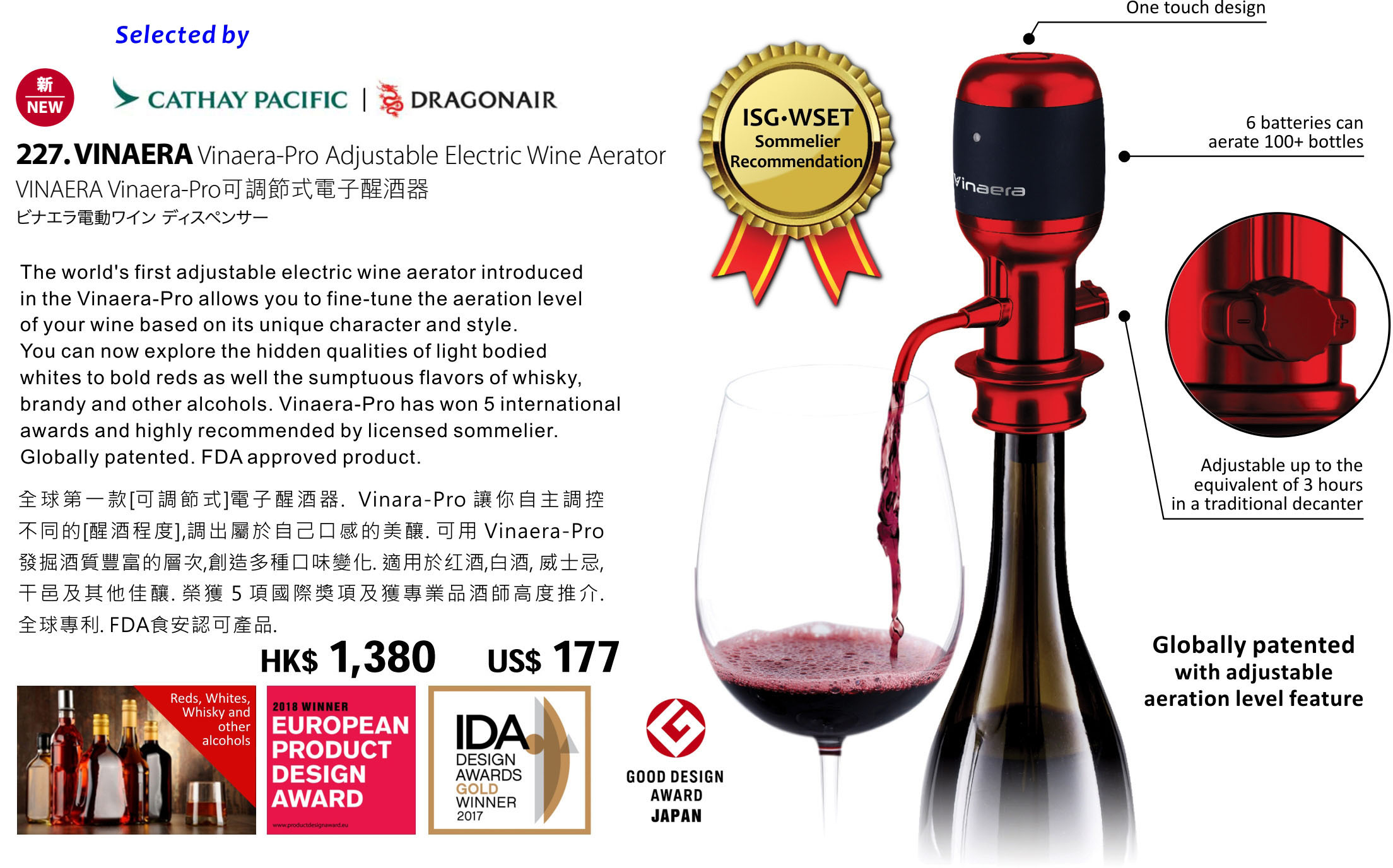 Vinaera Pro MV7 - 全球第一支調節式電子醒酒器 (紅色特別版)