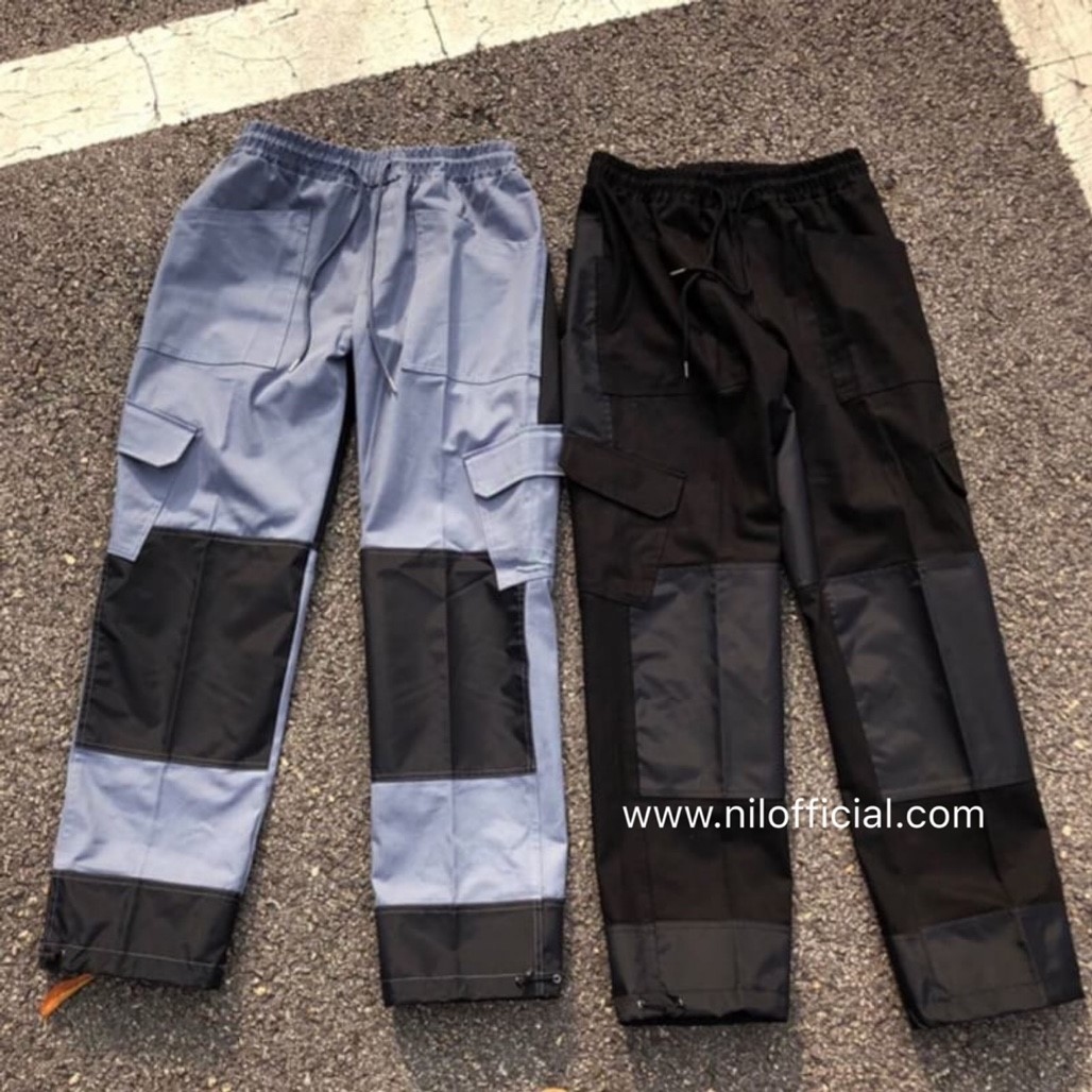 韓國  大口袋撞色拼接闊腿束扣褲