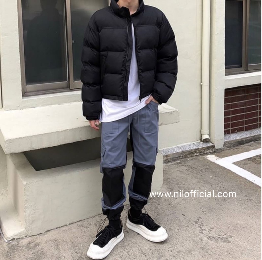 韓國  大口袋撞色拼接闊腿束扣褲