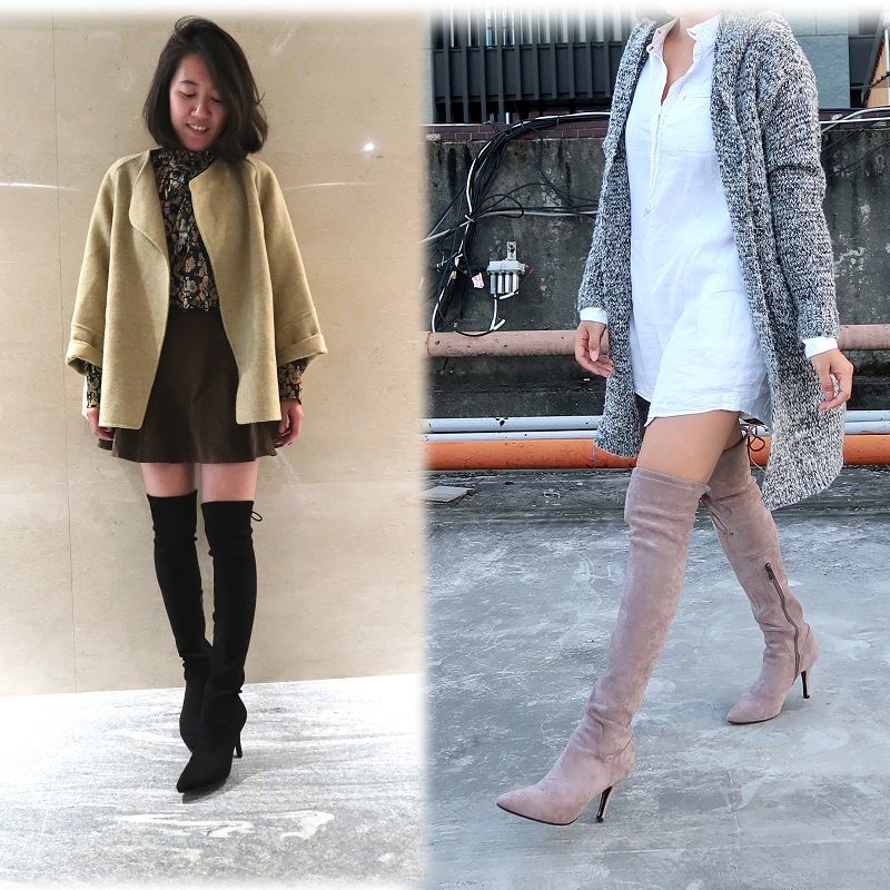 【我的長腿夢】不掉筒不滑落全彈力萊卡絨料拉鍊綁帶過膝靴膝上靴跟鞋