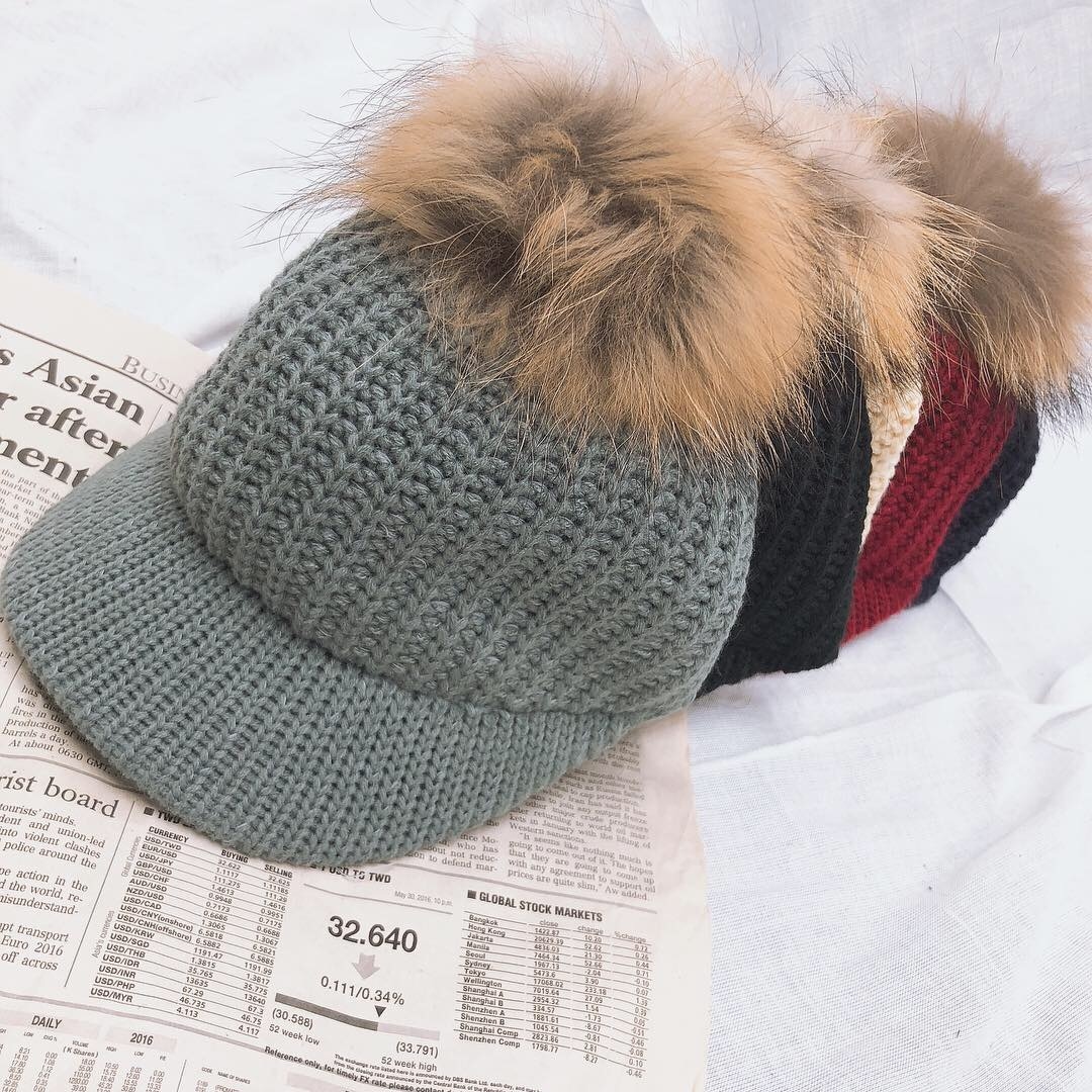 毛球針織騎士帽/現貨灰色/酒紅