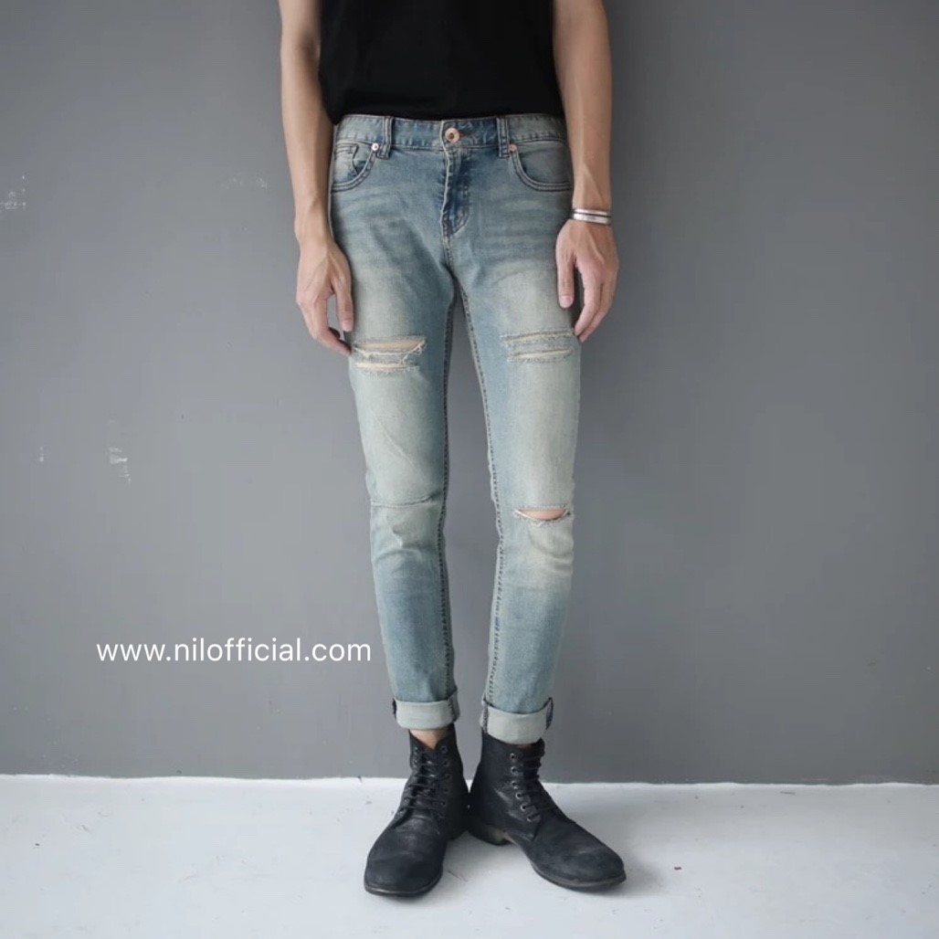 韓國 水洗刀割破壞合身牛仔褲 類聖羅蘭 SLP