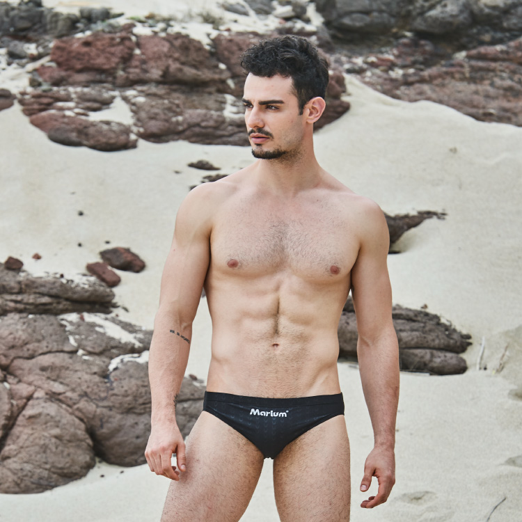 MAR-810210 大男競賽型泳褲 - 魚鱗(黑) 細邊4.0cm