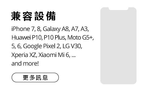 兼容設備：iPhone 7,8,Galaxy A8,A7,A3,Huawei P10,P10 Plus,Moto G5+,5,6,Google Pixel 2,LG V30,Xperia XZ,Xiaomi Mi 6,...and more!更多訊息