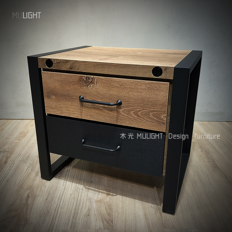 MUKO-細緻仿真木紋鐵藝床頭櫃