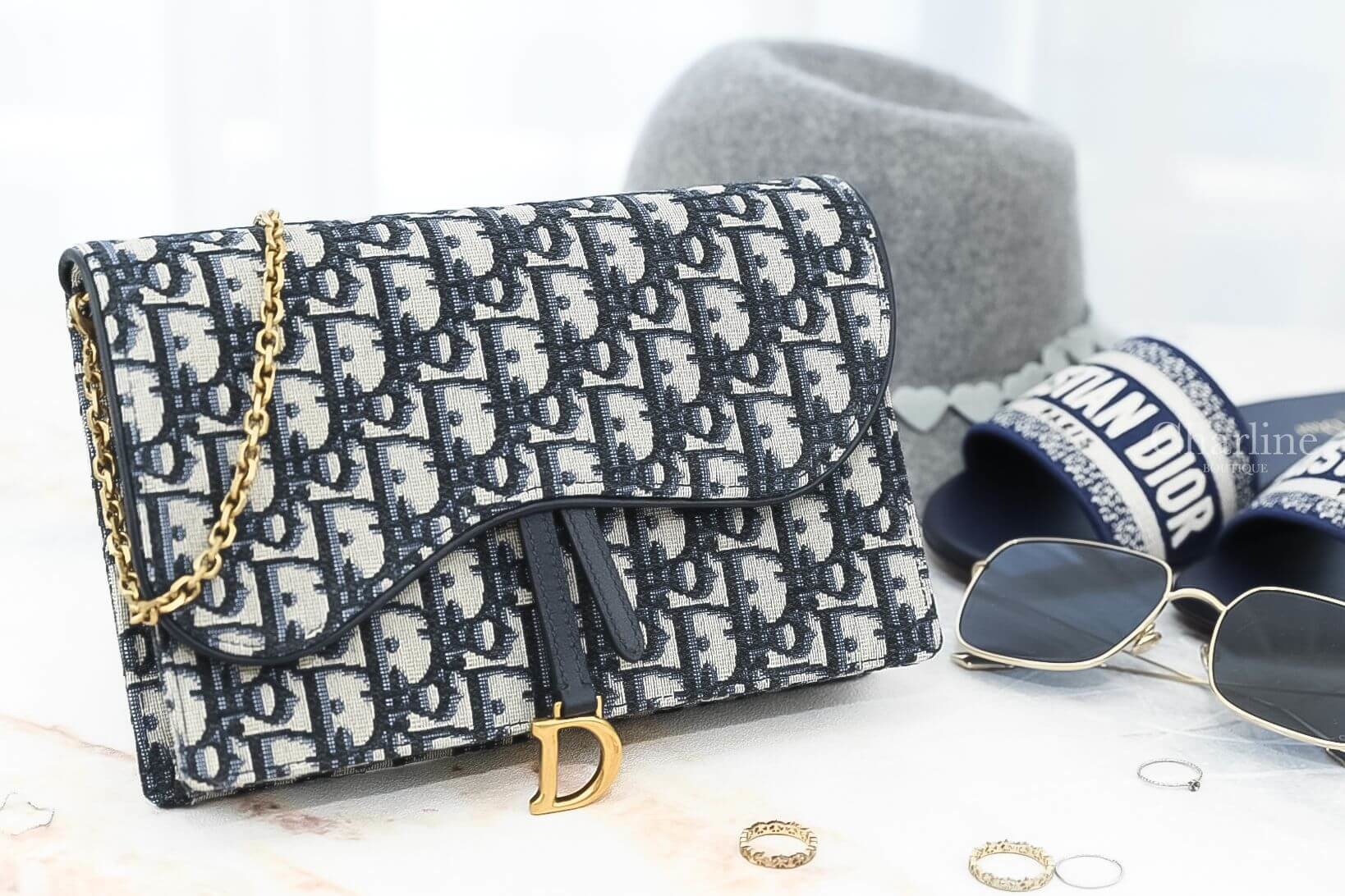 Dior Saddle Pouch 深藍色復古牛皮帆布馬鞍鍊帶肩背包-Charline Boutique 精品代購
