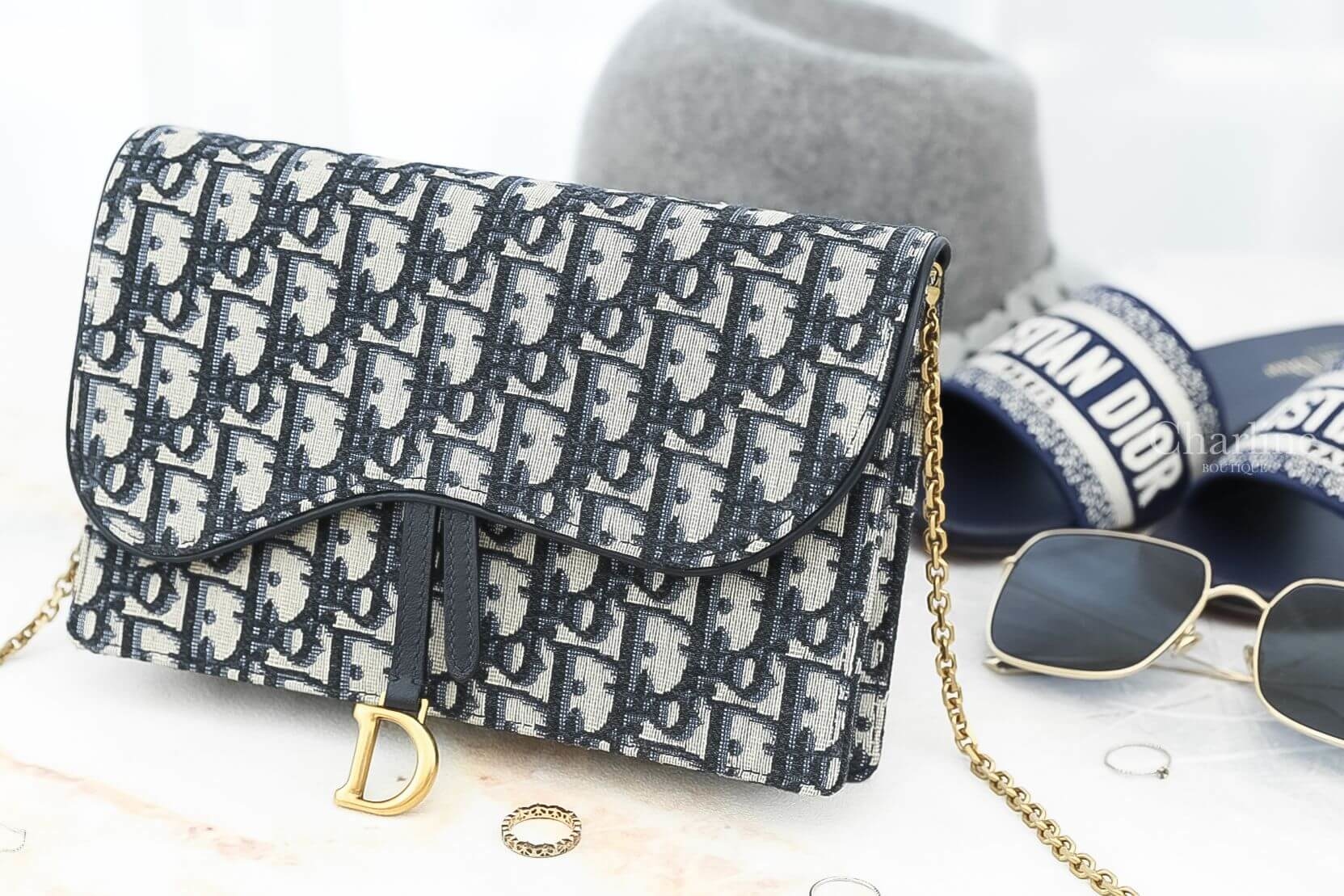 Dior Saddle Pouch 深藍色復古牛皮帆布馬鞍鍊帶肩背包-Charline Boutique 精品代購