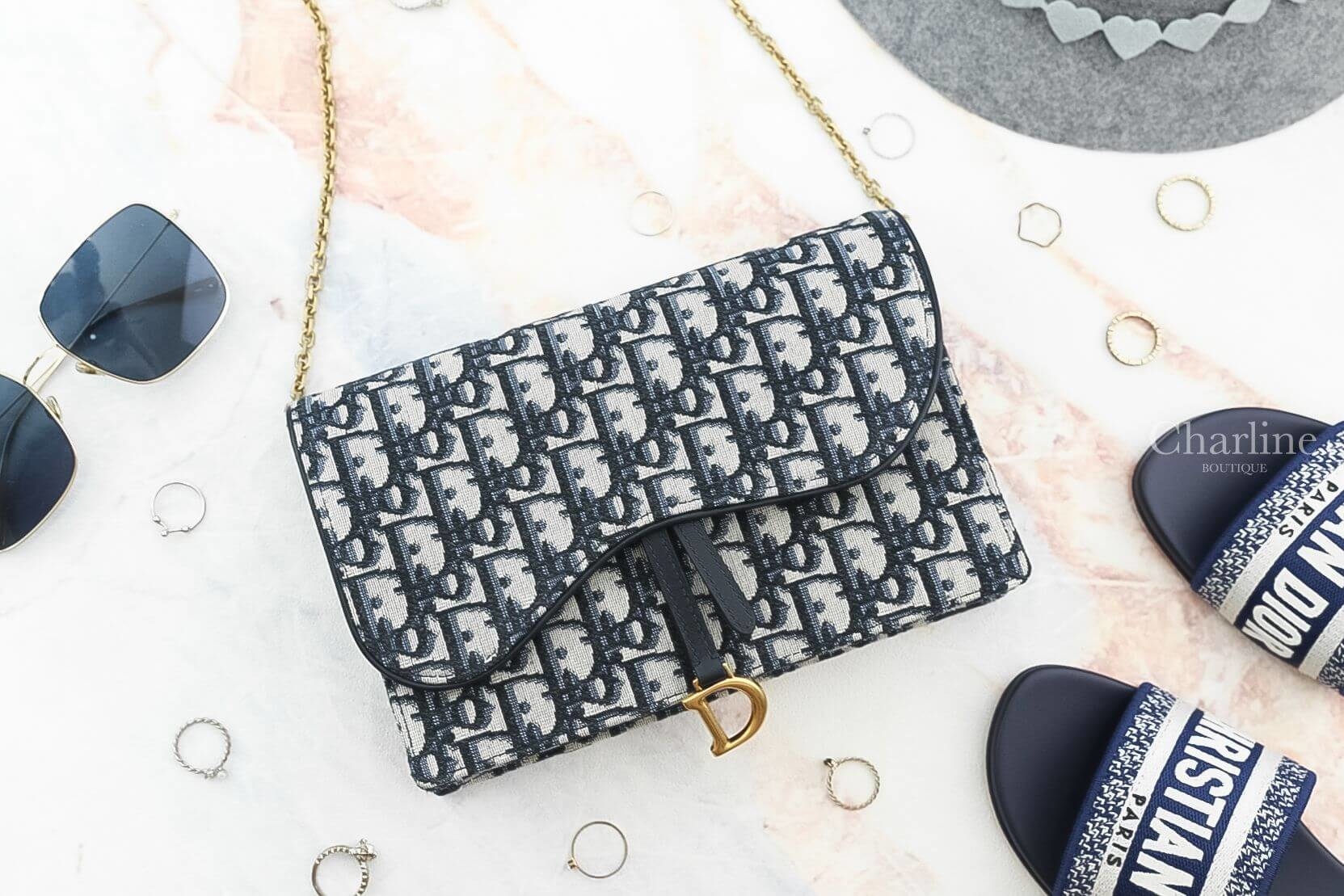 Dior Saddle Pouch 深藍色復古牛皮帆布馬鞍鍊帶肩背包-Charline Boutique 精品代購