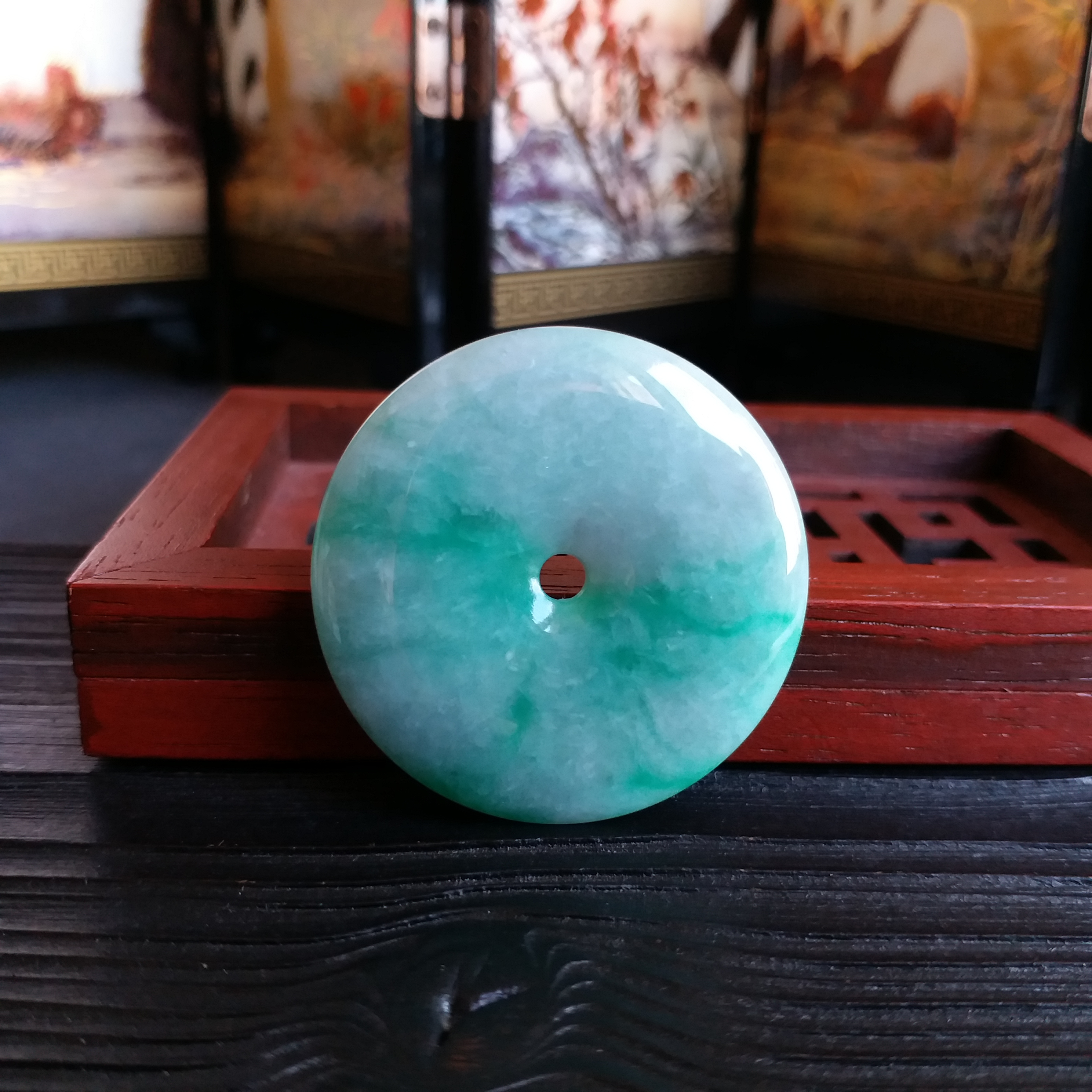 J1199 冰糯飄綠花大平安扣 (37.3mm直徑)