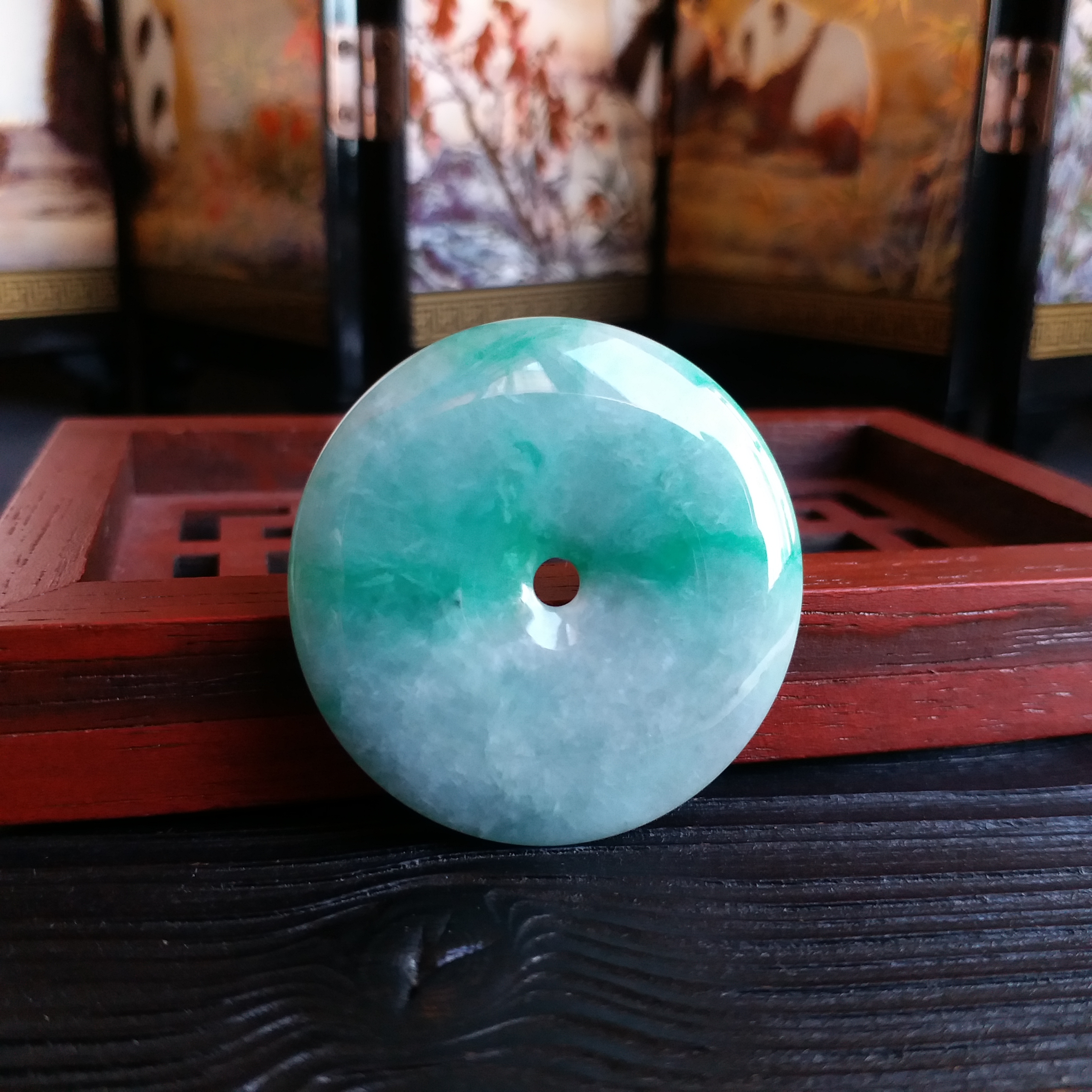 冰糯飄綠花大平安扣 (37.3mm直徑), 天然翡翠A玉, 緬甸玉, Jade, Jadeite