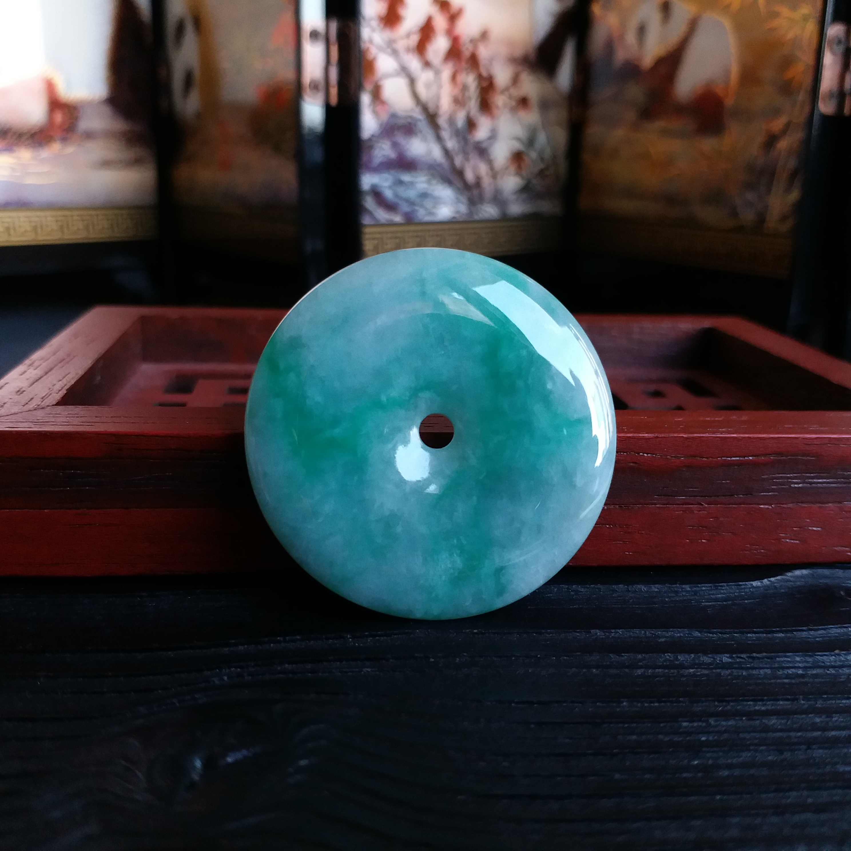 冰糯飄綠花平安扣 (35.1mm直徑), 天然翡翠A玉, 緬甸玉, Jade, Jadeite