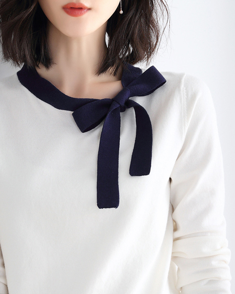 藏青S/藏青XL【零碼出清不退換】配色蝴蝶結繫帶針織上衣